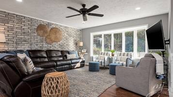 Smart TV, fireplace, books