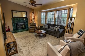 Smart TV, fireplace, books