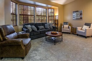 Smart TV, fireplace, books