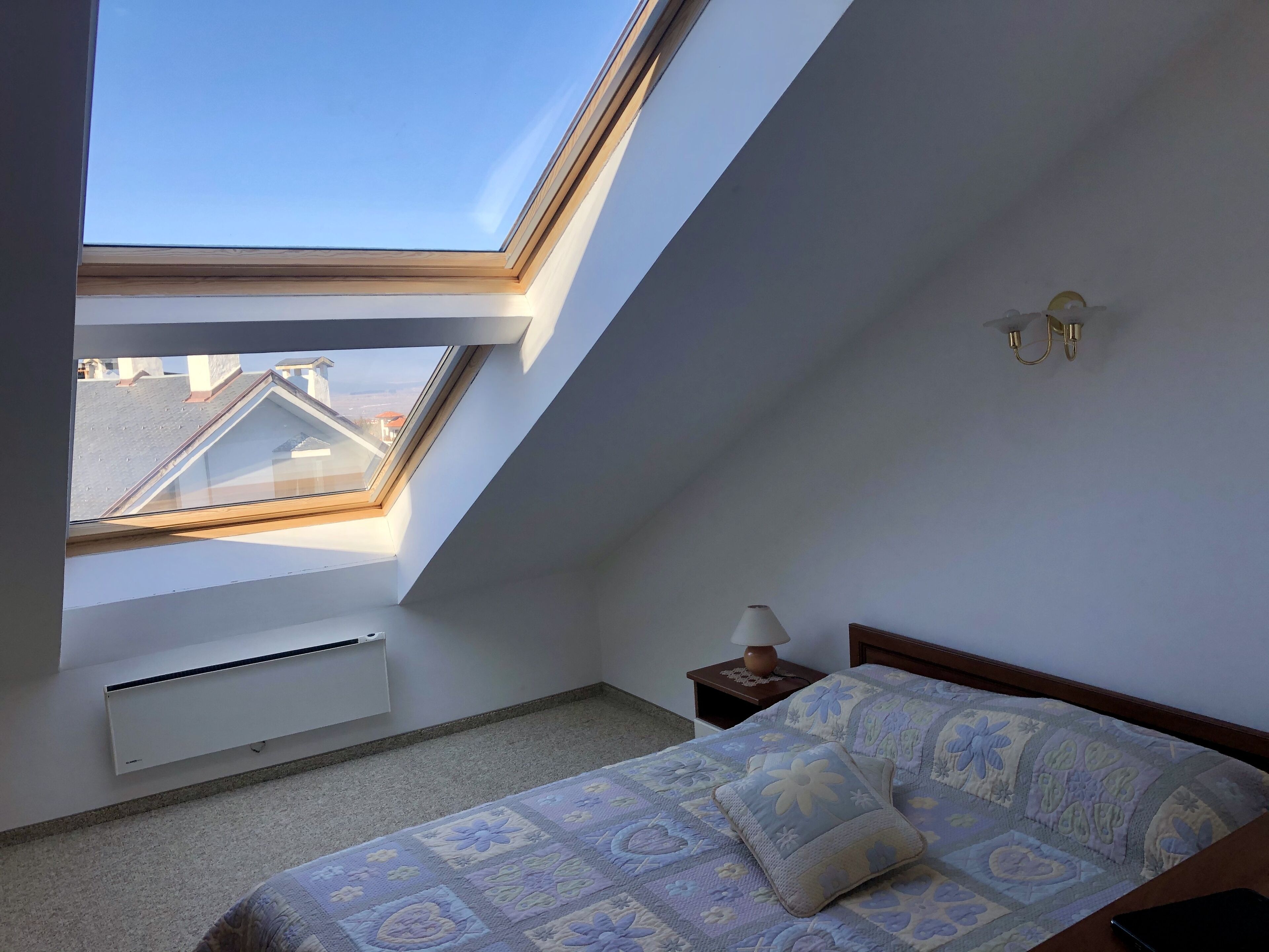 A bedroom with a skylight, a bed with a floral-patterned bedspread, a bedside table with a lamp, and a wall-mounted light fixture.