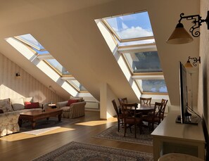 Fernseher, Kamin, DVD-Player, Bücher