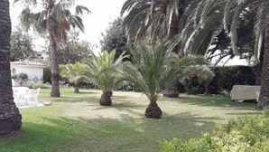 A garden with palm trees and a white building in the background. - Chalet located on a wooded park of 8000m ² with large community pool, . (Vilafortuny)