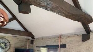 Una habitación rústica con paredes de piedra vista, techo de madera, sofá de cuero negro con cojines rojos, televisor montado y una puerta visible.