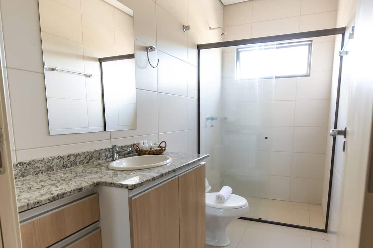 A modern bathroom with a granite countertop, a white sink, a mirror, a toilet, and a glass-enclosed shower.