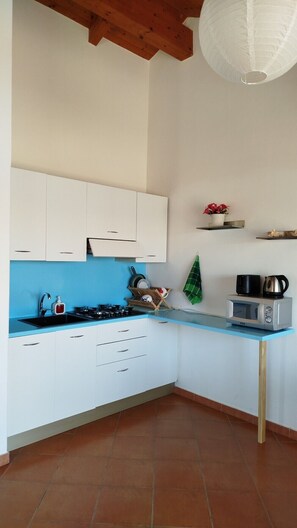 Fridge, microwave, stovetop, coffee/tea maker