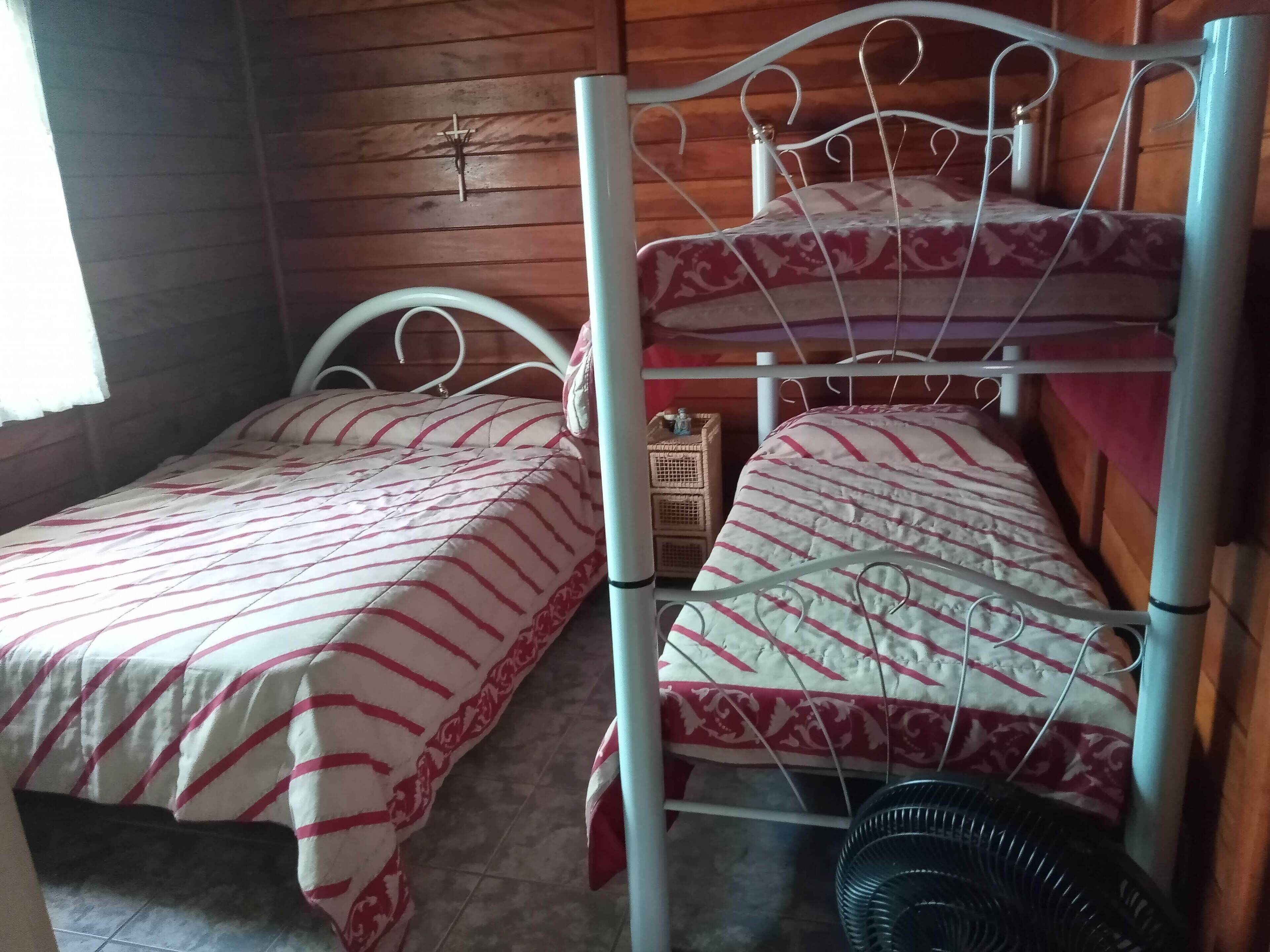 Una habitación con dos literas, cada una con un edredón estampado. Hay una cesta pequeña en el suelo y un ventilador negro.