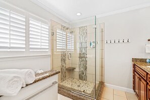 Combined shower/bathtub, hair dryer, towels, shampoo