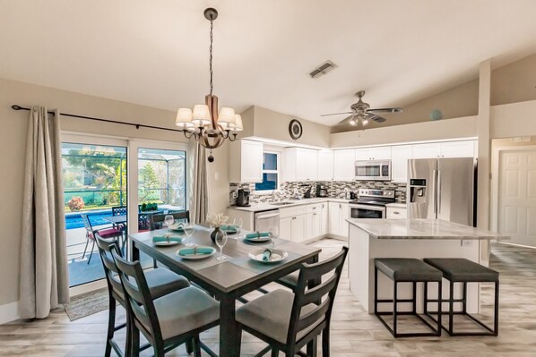 Fridge, microwave, oven, stovetop