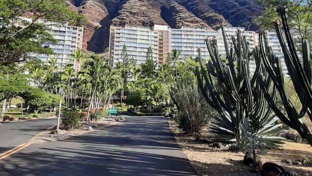 A hotel with multiple buildings, a road, and surrounding cacti and palm trees. - King size Bed, 1BR condo, Makaha Valley, with Mtn and Ocean views (Waianae)