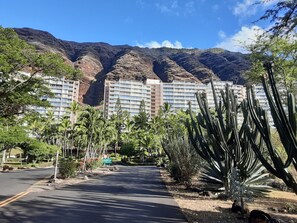 A hotel with multiple buildings, a road, and surrounding cacti and palm trees. - King size Bed, 1BR condo, Makaha Valley, with Mtn and Ocean views (Waianae)