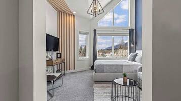 TV, fireplace, books, offices