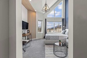 TV, fireplace, books, offices