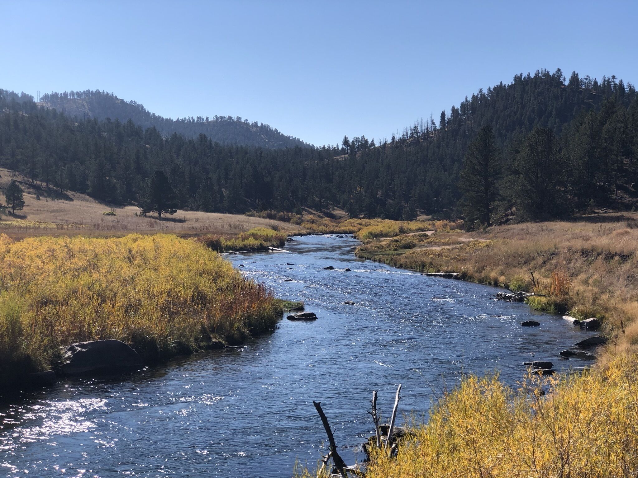 A river flowing through a valley with surrounding forest and hills.