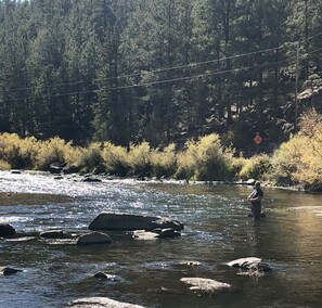 A person fishing in a river with rocks and trees in the background. - Cabin at Sportsman’s Paradise- Anglers’s Dream & Mountain Retreat. (Lake George)