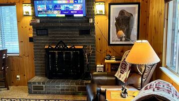 Smart TV, fireplace, video games, DVD player