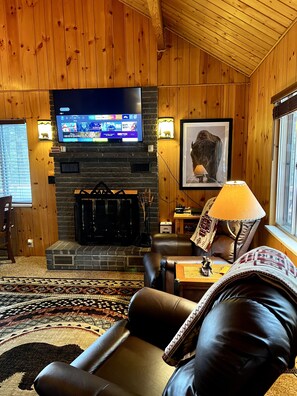 Smart TV, fireplace, video games, DVD player