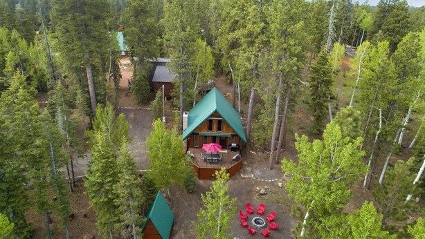 Une cabane entourée d’une forêt dense, dotée d’une terrasse aménagée avec du mobilier d’extérieur et un foyer.