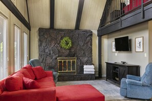 Smart TV, fireplace, video games, DVD player