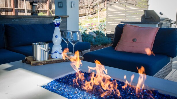 A patio with a fire feature, outdoor furniture, and a grill. - Amazing Views with Heated Pool and Jacuzzi Near Beach (Solana Beach)