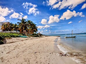 Uma praia com céu claro, palmeiras e um barco na água.