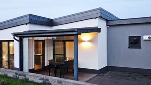 A modern house with a glass door entrance, a covered patio, and a well-lit interior.