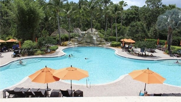 Piscina com várias pistas, cercada por palmeiras e cadeiras de descanso com guarda-sóis.