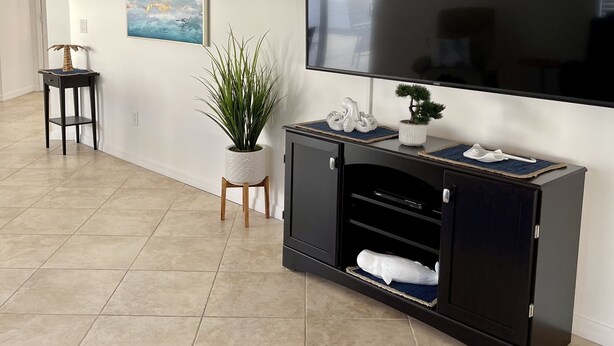 A living room with a flat-screen TV, a painting, a potted plant, and a blue rug. - Courtyard Villa with gas golf cart located between two Town Squares! (The Villages)