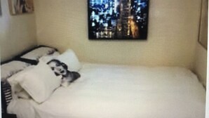 Ein Schlafzimmer mit einem Bett, einem Nachttisch, einem an der Wand befestigten Fernseher und einem Gemälde.