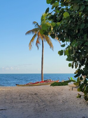 On the beach, sun-loungers, beach towels