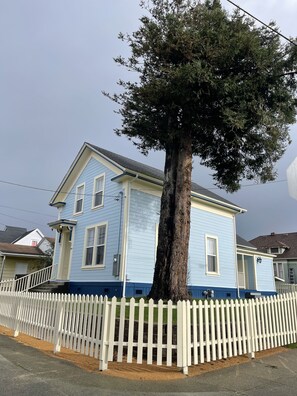 A light blue house with a white picket fence, a large tree in front, and a clear sky. - Blue Mist Victorian 5bed/2bath Victorian Gem (Eureka)