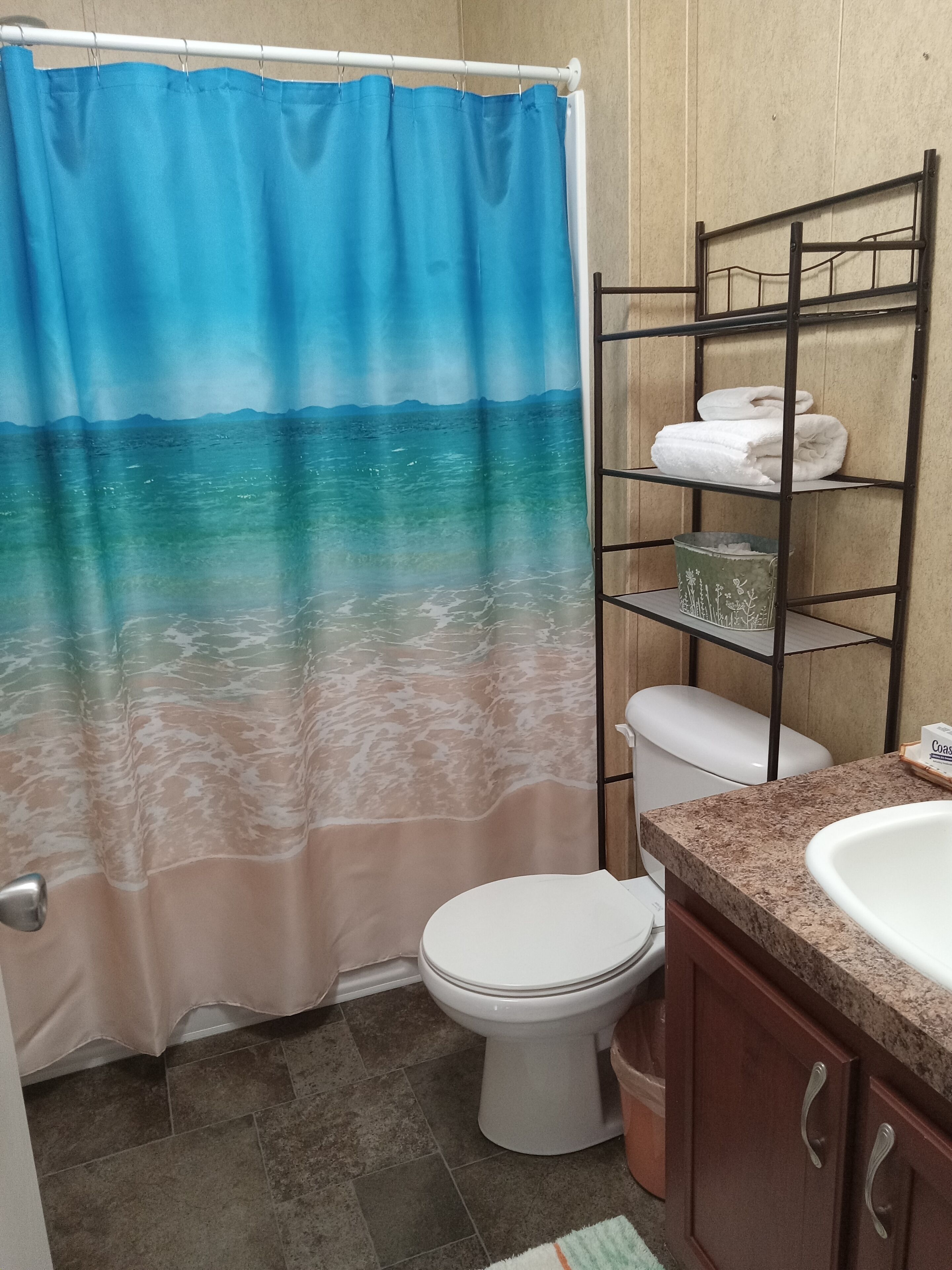 Combined shower/tub, hair dryer, towels, soap