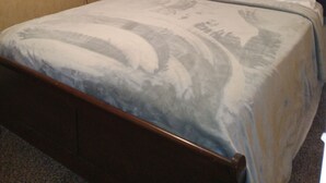 Een hotelkamer met een bed, een aan de muur bevestigde televisie, een plafondventilator, een nachtkastje met een lamp en een zeester decoratie aan de wand.
