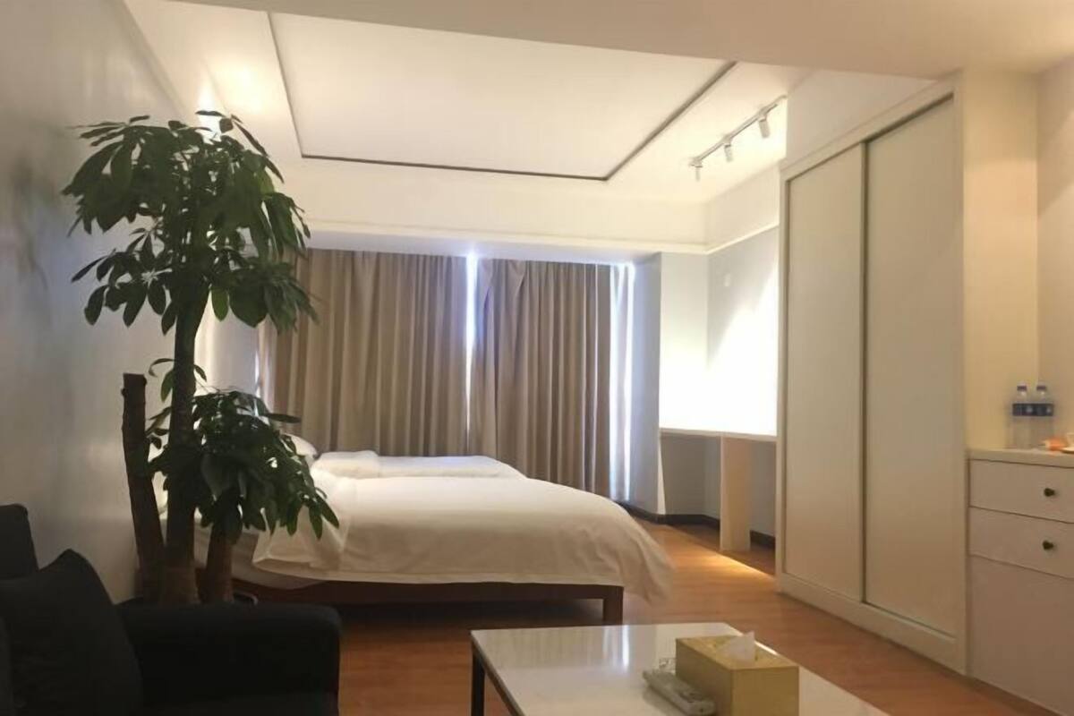 Habitació d'hotel amb llit, escriptori, cadira, planta i armari.