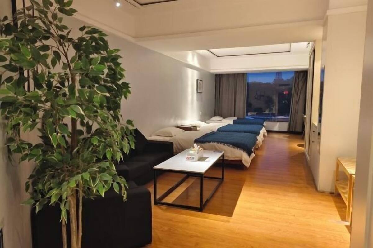 Habitació d'hotel moderna amb una finestra gran, una planta, un sofà, un llit i una taula petita.