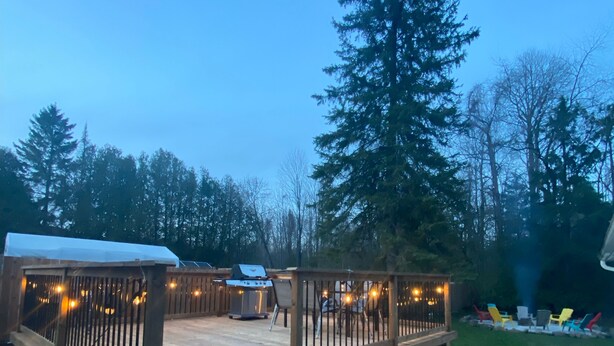 A wooden deck with a railing and steps, surrounded by trees and a gravel area. - Cute family cottage getaway near Lake Simcoe! (Innisfil)