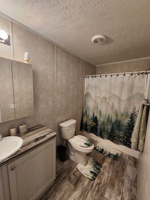 Combined shower/tub, hair dryer, towels, soap - Cozy Cabin with a Hot Tub! (Wisconsin Dells)