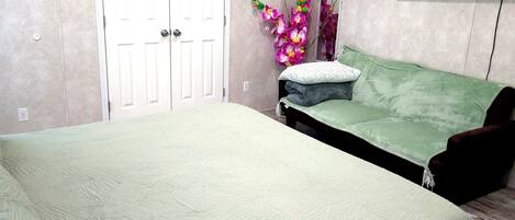 A bedroom with a bed, a green sofa, a TV, and a door.