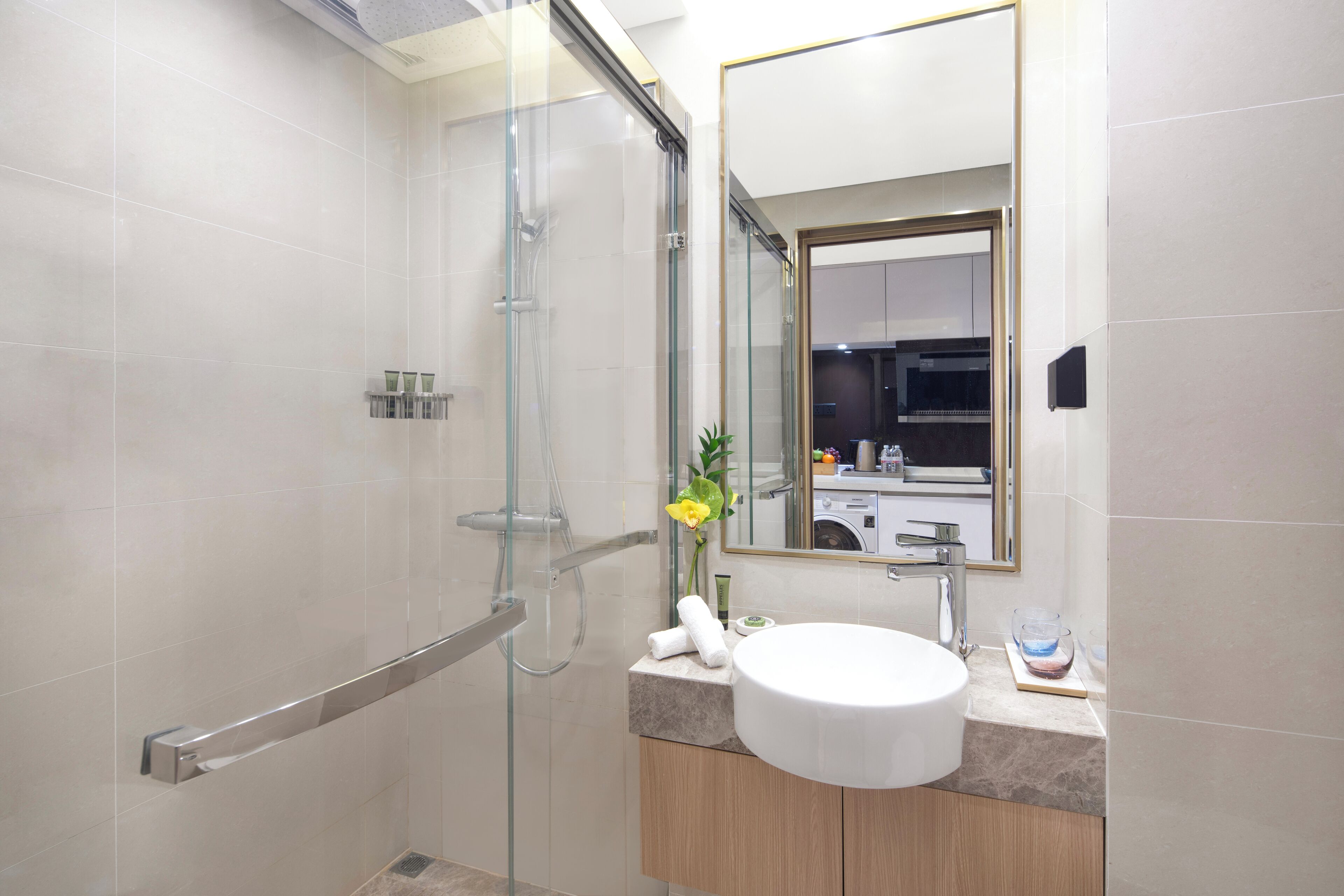 A modern bathroom with a glass-enclosed shower, a white sink, and a mirror above it.