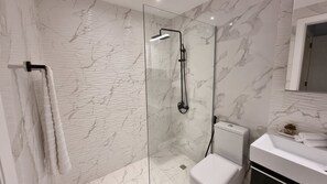 Dusche, Haartrockner, Handtücher, Seife