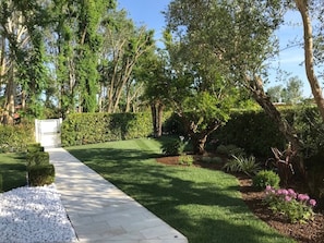 A pathway leading through a well-maintained garden with various plants and a hedge.