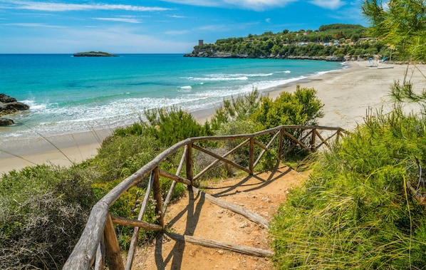 A coastal path leading to a beach with a wooden railing, greenery, and a distant view of a small island and houses.