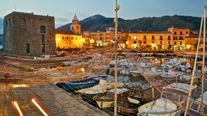 A harbor with boats, a tower, and buildings in the background.