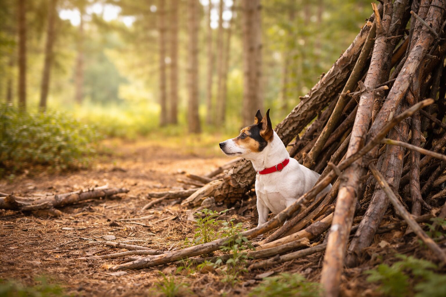 Un chien se trouve dans une zone boisée, près d’un tas de branches et de brindilles.