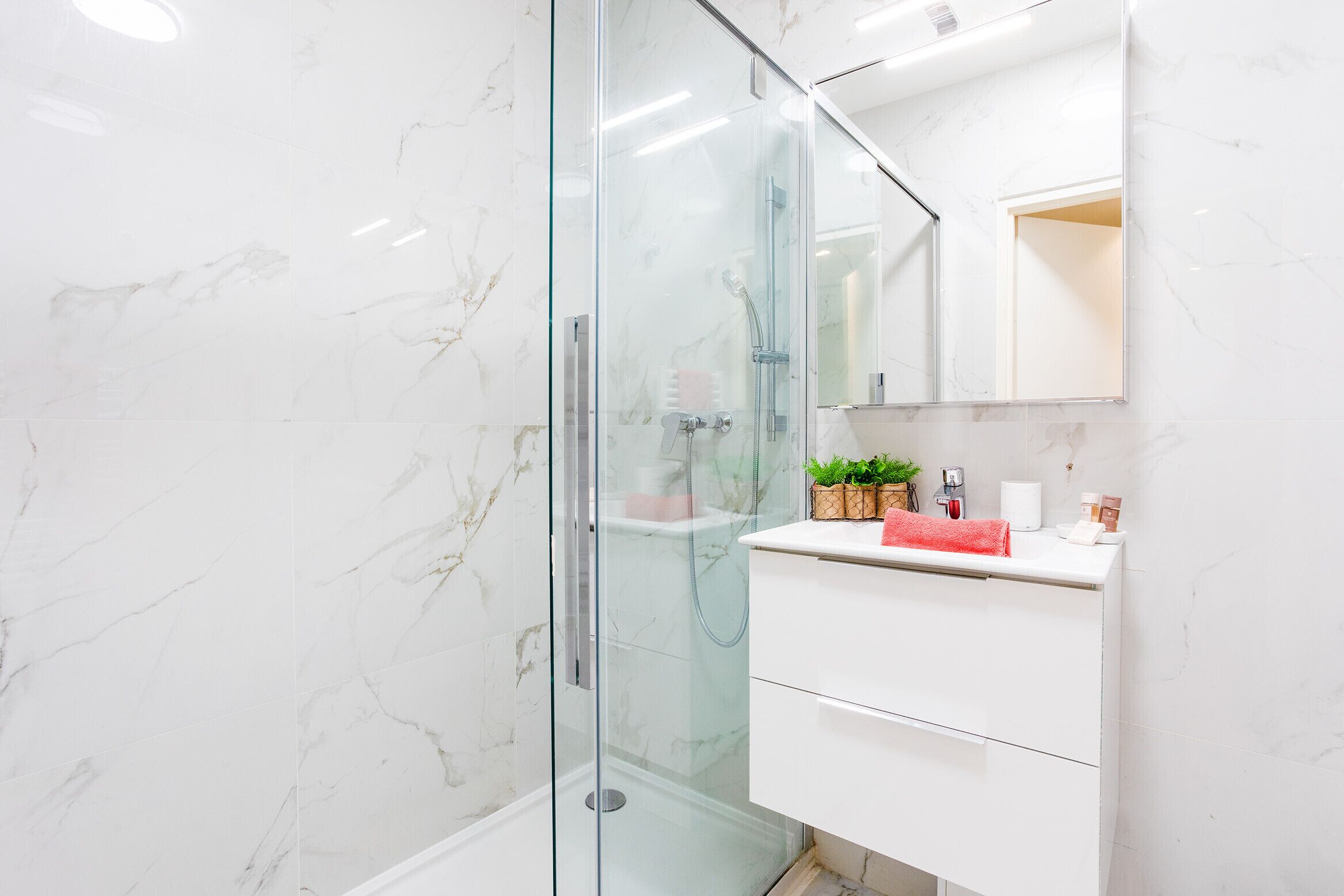 Shower, hair dryer, towels