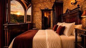 Een slaapkamer met een stenen muur, een groot bed, een nachtkastje, een lamp en uitzicht op de ondergaande zon door een raam.
