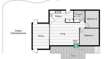Ein Grundriss mit einer Küche, einem Essbereich, einem Wohnzimmer, zwei Schlafzimmern, einem Badezimmer und einem Außenbereich zur Unterhaltung.
