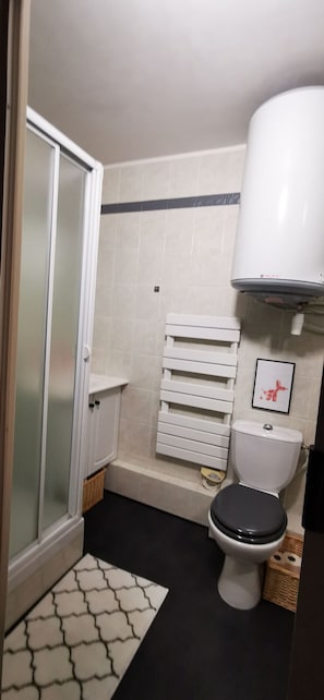 A bathroom with a toilet, a shower, and a bathtub.