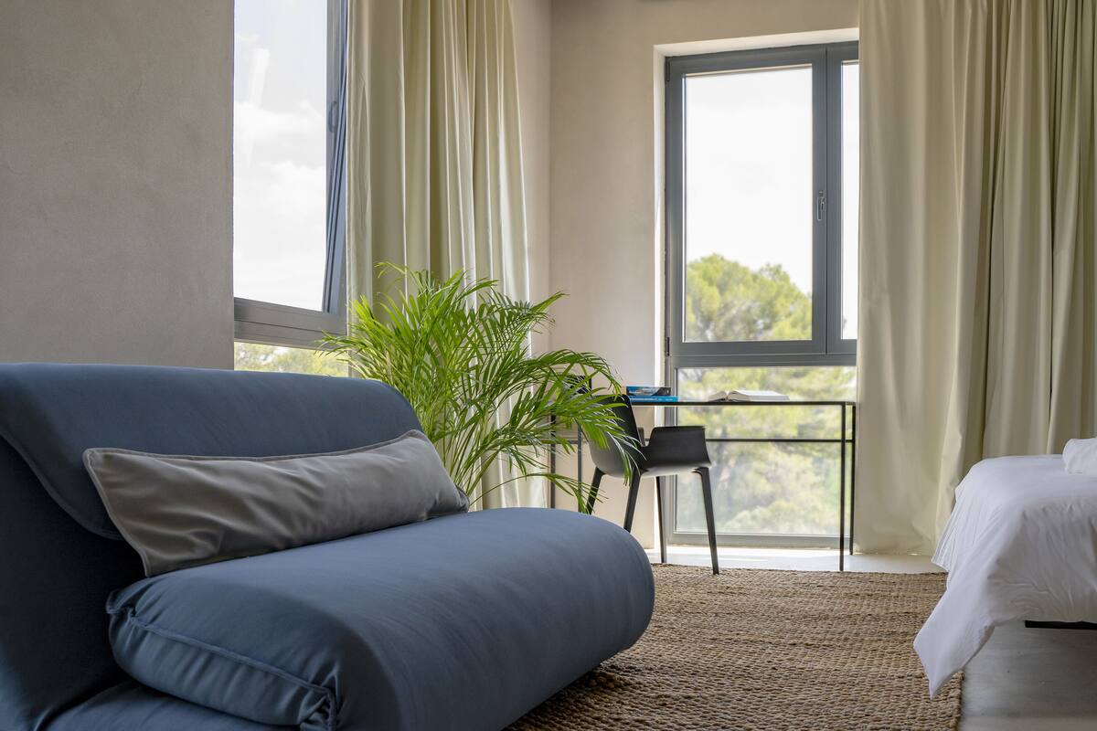 Moderni hotellihuone, jossa on suuri ikkuna, sohva, sänky ja ruukussa oleva kasvi.