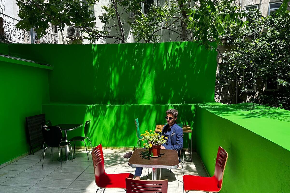 A patio area with a green wall, a table with chairs, and a potted plant.