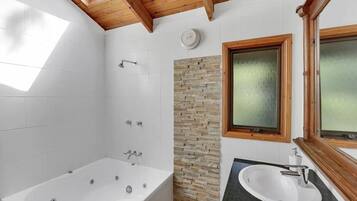 Combined shower/bathtub, jetted bath, hair dryer, towels